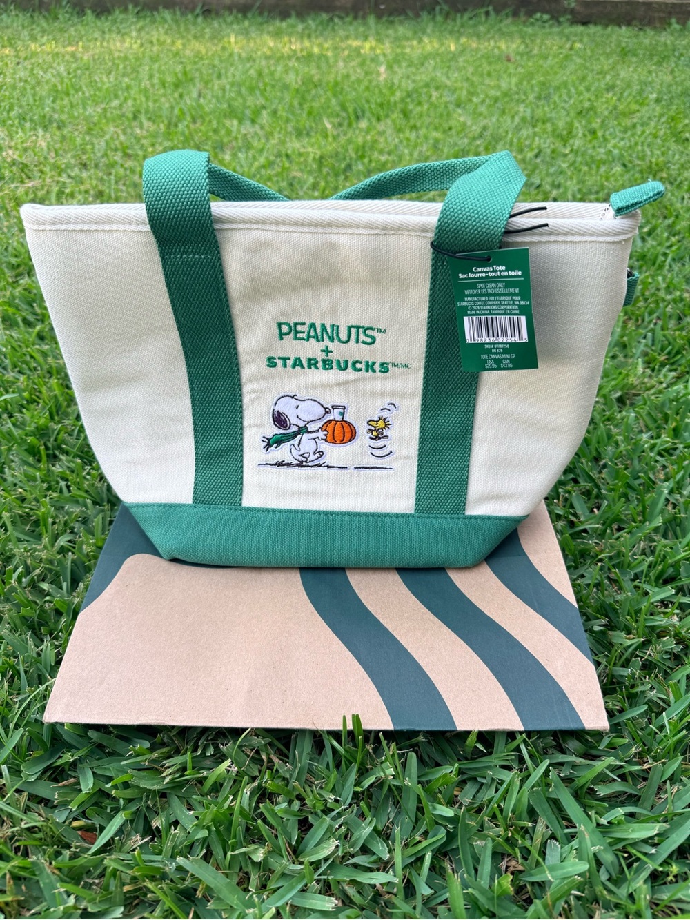 Starbucks Peanuts Canvas Tote in Cream and Green